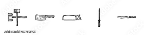 Vintage engraving of professional butcher tools and kitchen equipment collection on white