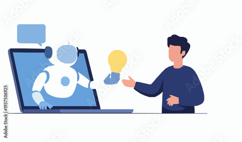 Friendly AI chatbot on laptop giving glowing idea light bulb to businessman artificial intelligence innovation concept vector illustration isolated on white