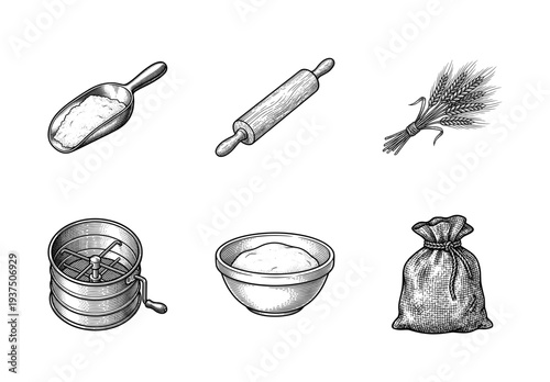 Vintage engraving style baking icons set featuring flour scoop, rolling pin, wheat stalks, mechanical sifter, mixing bowl, and rustic burlap sack.