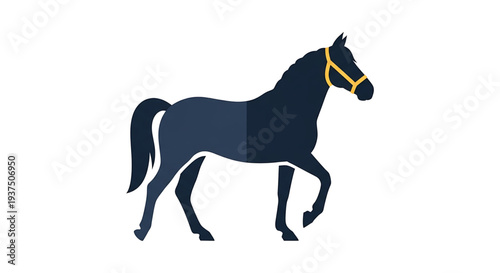 Illustration of a noble dark horse with a yellow bridle, symbolizing freedom, power, and elegance in motion