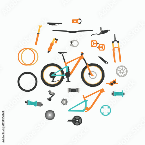 Modern mountain bike with spare parts icons set. Simple flat colorful illustration of MTB parts logo icon sign collections