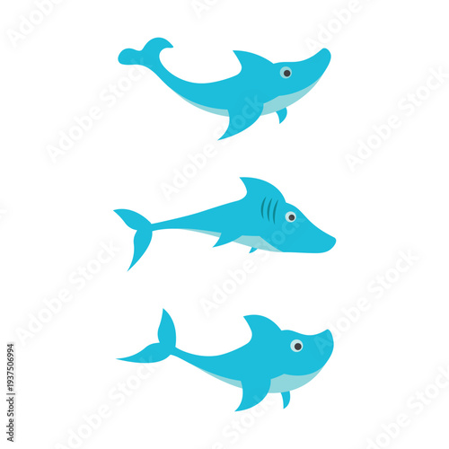 Cute Blue Shark Characters in Different Swimming Poses Vector Set