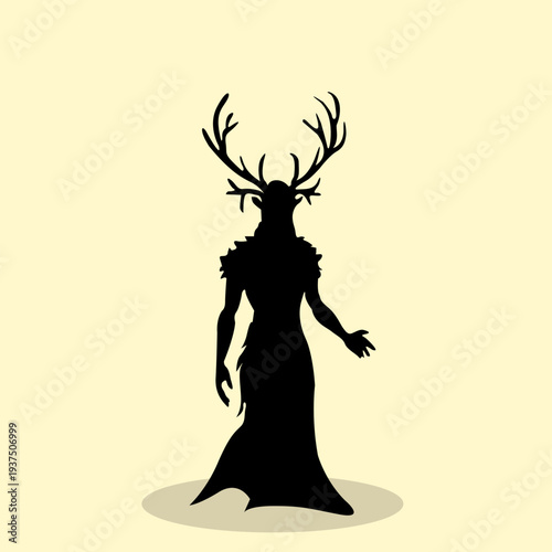 Silhouette of fantasy forest guard character with a human body and a deer head with stag antlers that grow majestically. Vector illustration.