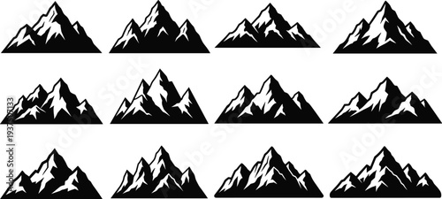 Mountain ranges, rocky peak icons, outdoor adventure silhouettes, nature landscape silhouettes, mountain climbing symbols, hiking and travel design elements.