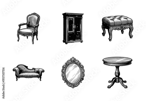 Vintage furniture collection featuring hand drawn engraving style icons of antique chair cabinet ottoman chaise longue mirror and pedestal table