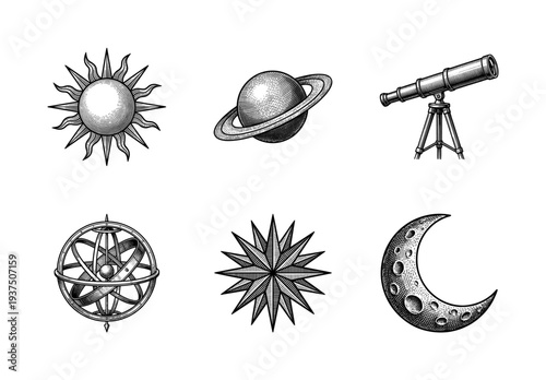 Vintage astronomy engraving set featuring sun saturn telescope armillary sphere star and crescent moon in woodcut etching style