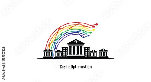 credit optimization bank building with rainbow arrows