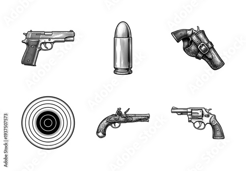 Vintage engraving style collection of firearm icons featuring pistols, revolver, flintlock, ammunition bullet, leather holster, and shooting target