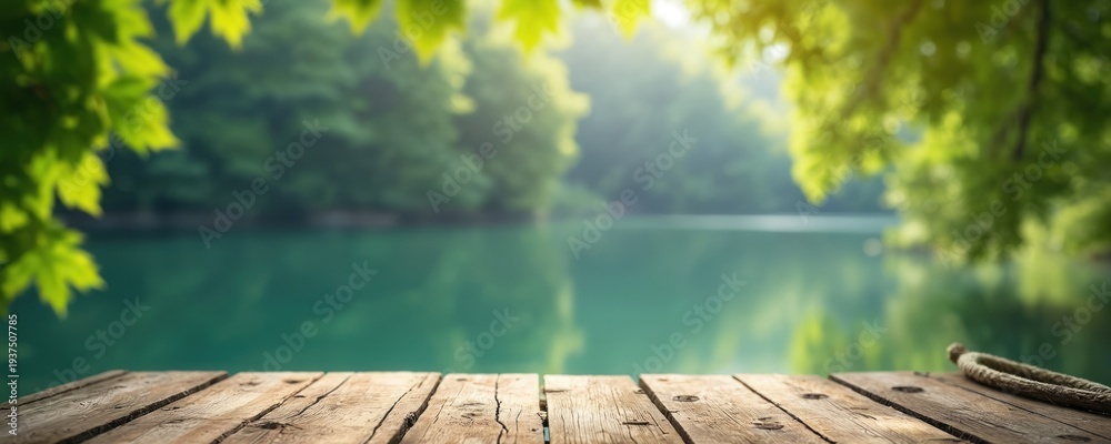 Obraz premium Wooden table surface with rope detail sits by calm blue lake water. Green trees create rich forest backdrop. Sunlight filters through leaves on bright day.