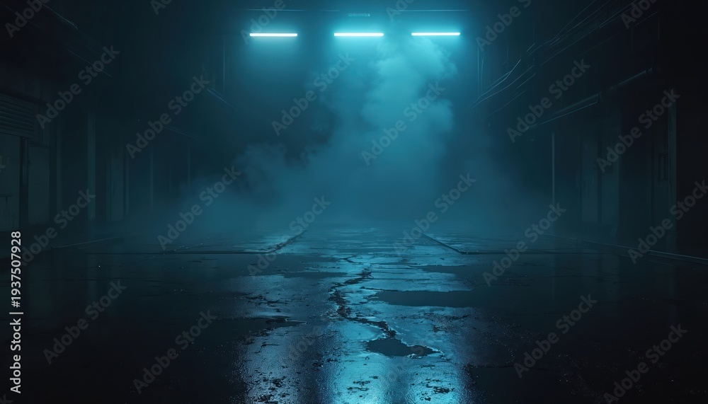 Fototapeta premium Dark wet street with neon blue light reflections. Fog or smog drifts through an empty industrial zone. Concrete floor shows puddles and cracks. Minimalist, moody urban background.