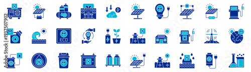 Renewable Energy dual tone style icon collection. Vector illustrations. Generator, Battery, Hydrogen, Factory, CO2, Solar panel. Pro Vector