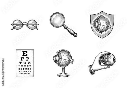Vintage engraving style medical illustration collection featuring human eye anatomy, optometry tools, vision test chart, and magnifying glass