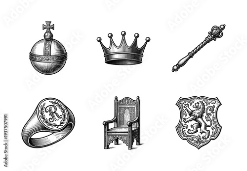 Vintage engraving style collection of royal heraldry and monarchic symbols including crown orb scepter throne signet ring and lion crest