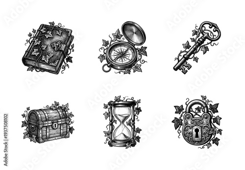 Vintage etching style collection of adventure and mystery objects including ancient book compass skeleton key chest hourglass and padlock wrapped in ivy