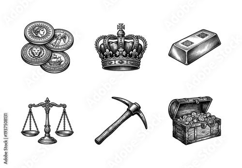 Vintage engraving style collection of wealth and mining icons including gold coins, royal crown, bullion bar, weighing scales, pickaxe, and treasure chest.