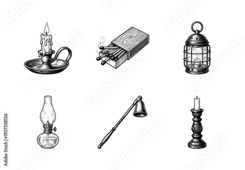 Vintage lighting collection featuring hand drawn engraving style illustrations of candles, matches, oil lamps, and a snuffer on a white background.