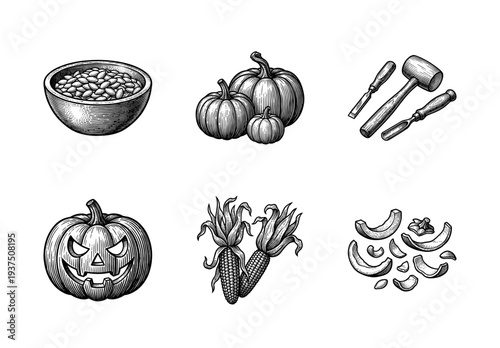 Vintage engraving style collection of autumn harvest and halloween elements including pumpkins, jack-o-lantern, corn, seeds, and wood carving tools
