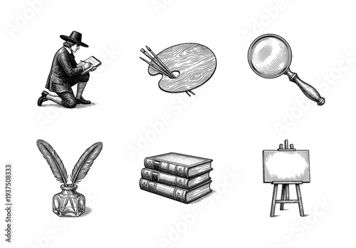 Vintage engraving style collection of artistic and academic icons featuring a sketching man, palette, magnifying glass, inkwell, books, and easel.