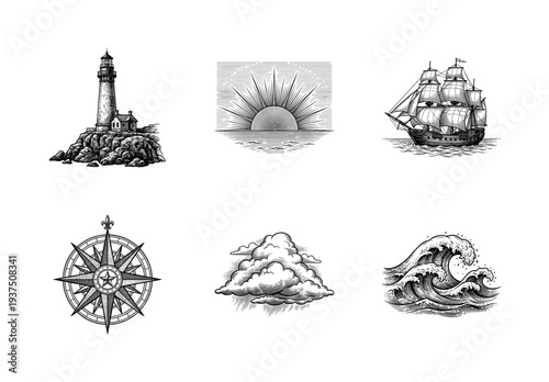 Nautical vintage collection featuring lighthouse, sailing ship, compass rose, rising sun, clouds, and ocean waves in detailed woodcut engraving style.
