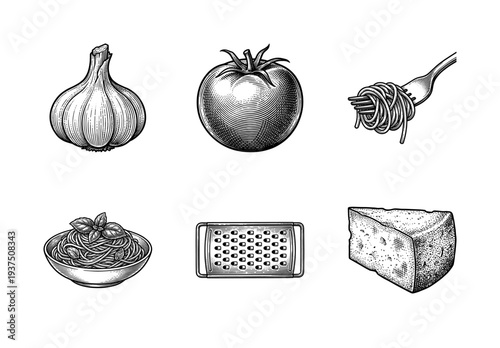 Set of Italian pasta cooking ingredients and kitchen tools in vintage woodcut engraving style including garlic tomato spaghetti bowl grater and cheese