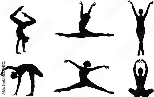 Female gymnast silhouettes performing flexibility poses, handstand, split leap and balance movements isolated on white background artistic gymnastics concept