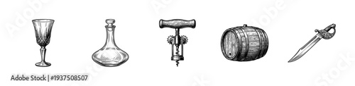 Vintage engraving style wine and cellar set featuring a crystal goblet, glass decanter, corkscrew, wooden barrel, and ornate sabre.
