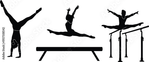 Female gymnast silhouettes performing handstand, split leap and uneven bars routine isolated on white background artistic gymnastics sport illustration