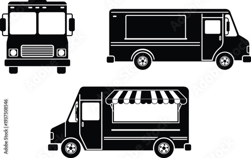 Food truck silhouettes set showing street food delivery vans with service window isolated on white background mobile restaurant concept