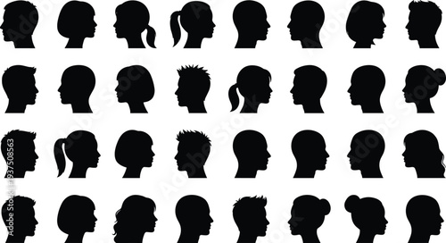 Human head profile silhouettes collection featuring male and female side view faces isolated on white background avatar design set