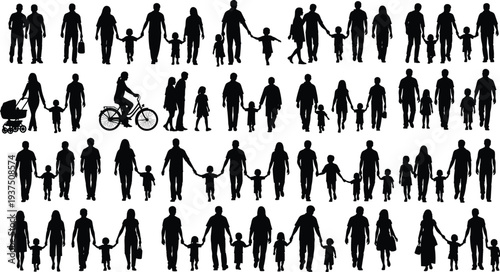 Large family walking silhouettes collection showing parents with children, couples and people strolling poses isolated on white background