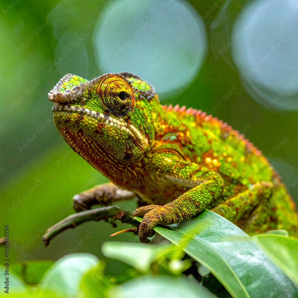 Fototapeta premium Vibrant Chameleon Perched on Lush Green Leaves in Natural Habitat.