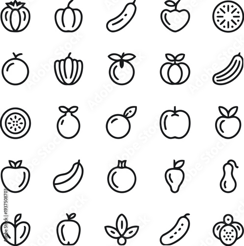 Assorted fruits and vegetables line icons for healthy food design