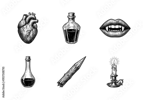 Vintage gothic engraving style illustrations featuring vampire fangs, human heart, magic potions, wooden stake, and burning candle.
