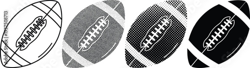 American football ball icon in four different graphic styles including outline stipple halftone and solid black silhouette vector illustration,