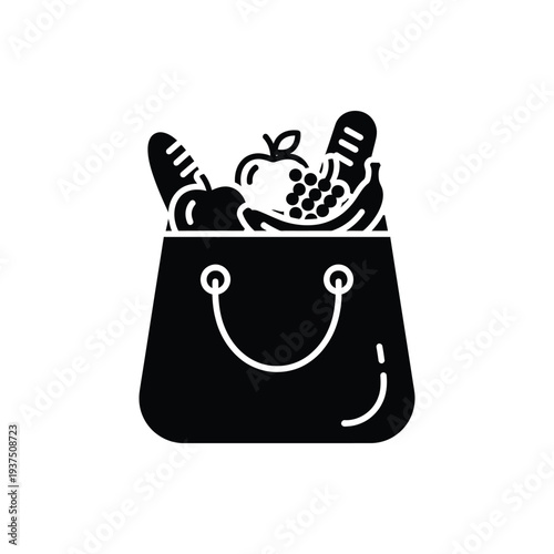 Groceries in shopping bag flat icon, stylized illustration of paper bag full of food products and fruits, concept for market or delivery services