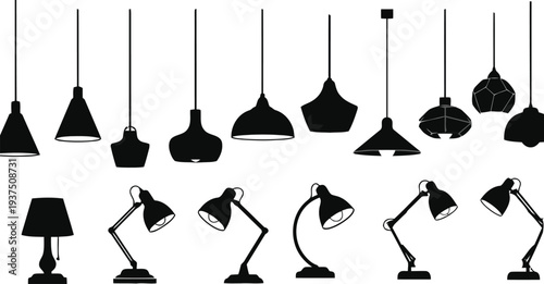 Assorted lamps including pendant lights and desk lamps for interior lighting design