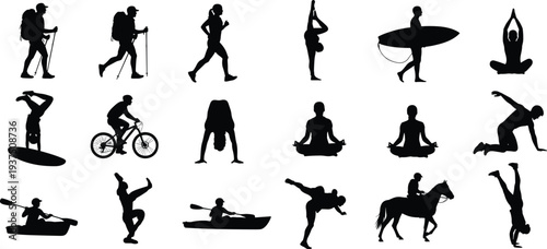 Sport activity silhouettes collection featuring hiking, running, surfing, yoga, cycling, kayaking and martial arts poses isolated on white background