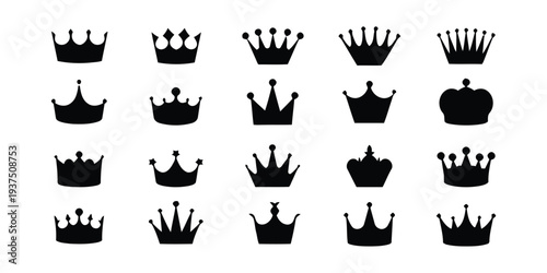 Assortment of black crowns, royal symbols for design projects
