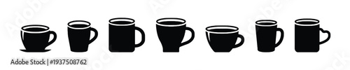 Assortment of black mug and cup silhouettes in different shapes and sizes for beverages