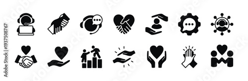 Assortment of black icons focusing on support, care, and human connection