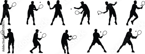 Tennis player silhouettes collection showing athletes serving, hitting forehand and backhand with racket during match isolated on white background