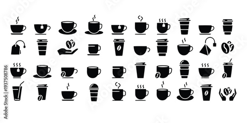 Assortment of coffee and tea cup icons, hot beverages for cafes and relaxation