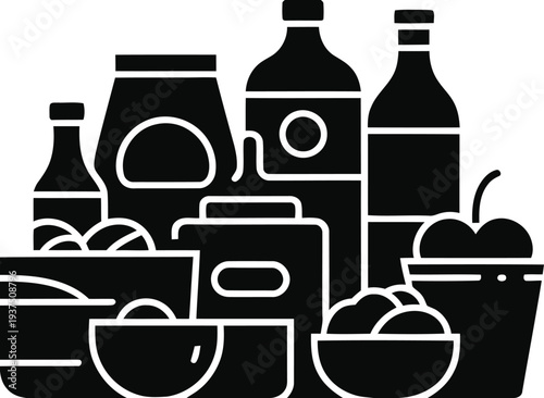 Assortment of grocery items and food containers including bottles jars and bags