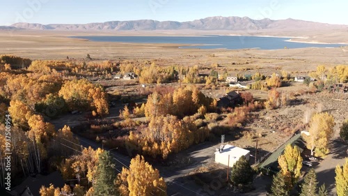 Crowley Lake, California, USA - Scenic Aerial View of Highway 395 with the Bloody Mountains and Red Mountain Near Mammoth Lakes in Fall, Sierra Nevada Landscape