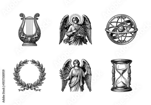 Vintage engraving collection of classical symbols featuring a lyre, angels, armillary sphere, laurel wreath, and hourglass in a detailed woodcut style