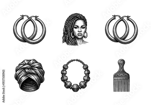 Black woman portrait and african accessories collection in vintage woodcut engraving style including headwrap necklace and pick
