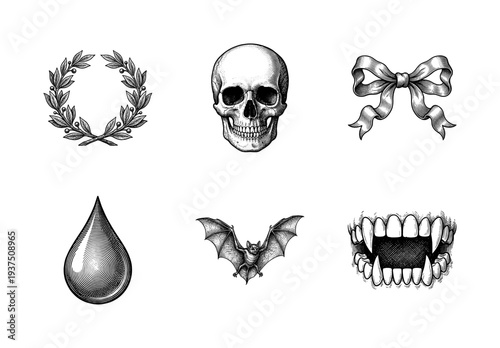 Set of gothic and macabre symbols including skull, bat, vampire fangs, laurel wreath, ribbon bow, and droplet in a detailed vintage woodcut engraving style.