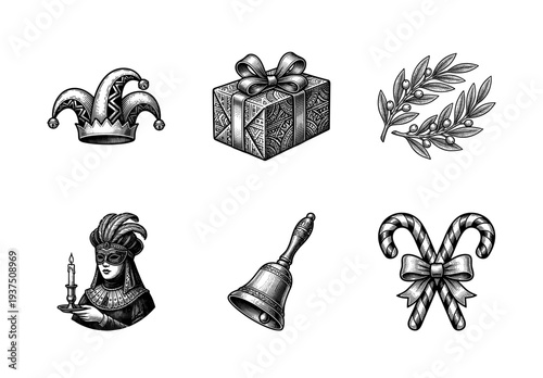 Vintage engraving style collection of holiday and carnival icons including jester hat gift box olive branch masked woman bell and candy canes