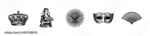 Vintage collection of baroque and victorian era illustrations featuring a royal crown noble lady decorative sunburst masquerade mask and handheld folding fan in woodcut style