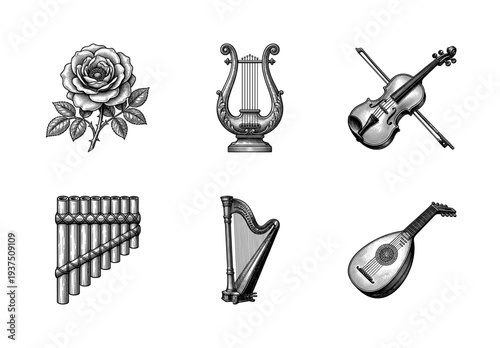Vintage engraving collection of classical musical instruments and a rose featuring a lyre, violin, pan flute, harp, and lute in woodcut style